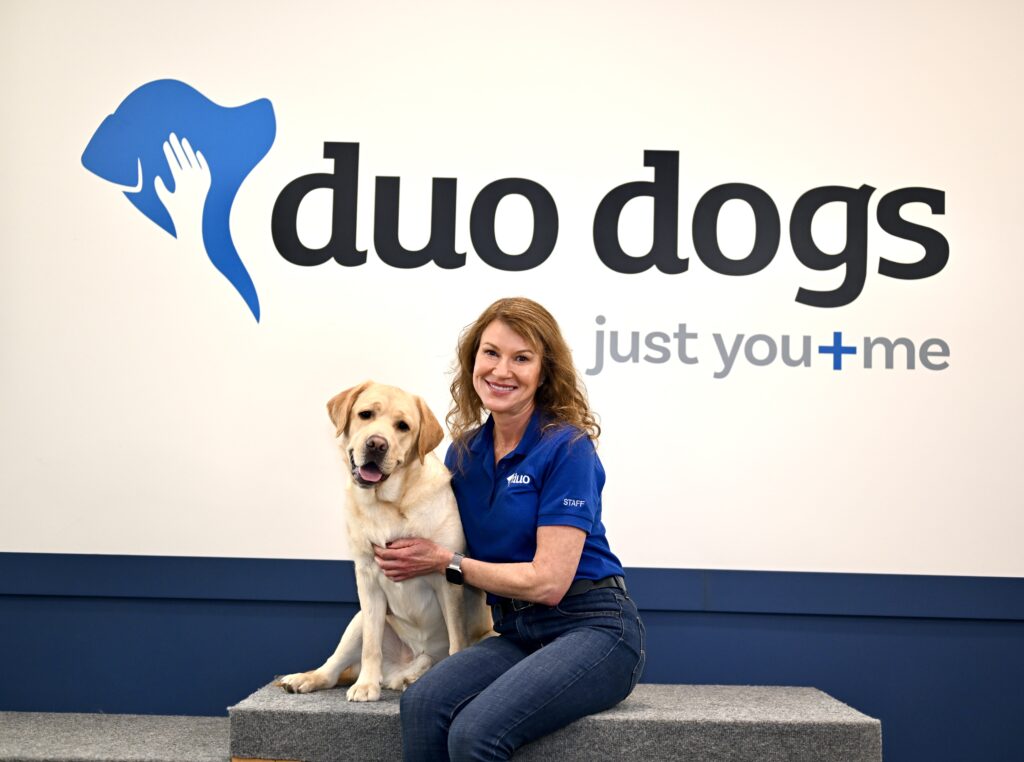 Dawn sitting with Duo Dogs Woody