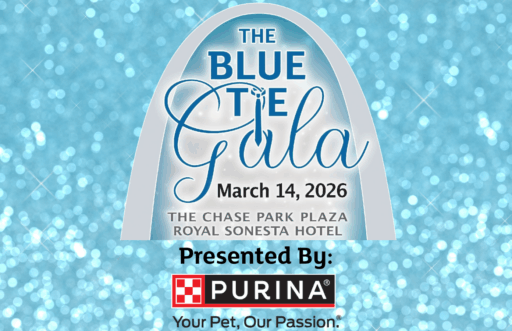 text: The blue tie gala, March 14, 2026 at The Chase Park Plaza Royal Sonesta. Presented by Purina. Image a light blue glitterly background with the silhouette of the St. Louis arch